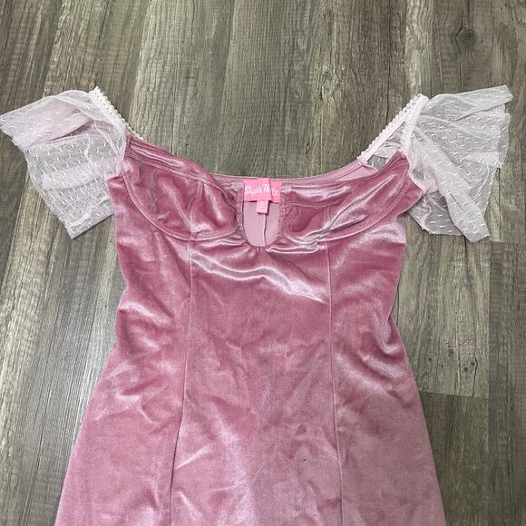 Sugar Thrillz Pink Velvet Mini Dress w/ Lace Sleeves – Size Small - Picture 7 of 7